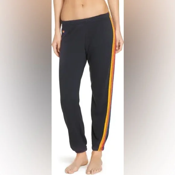 Aviator Nation Navy Track Pants with Yellow & Orange Side Stripe - Picture 2 of 8